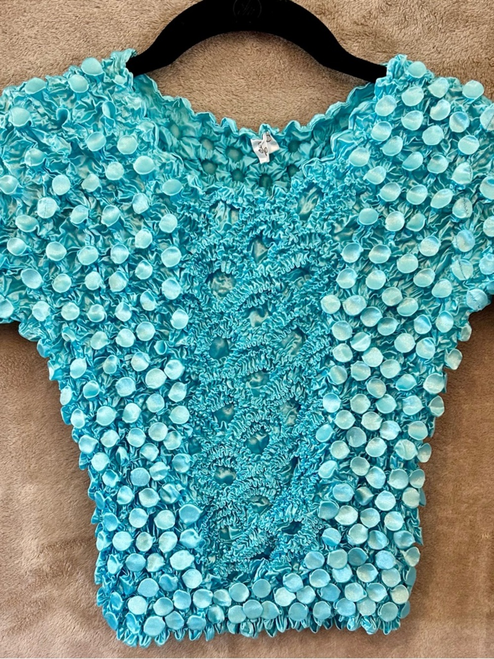 Aqua Popcorn Textured Stretch Top 3D Dot Smocked Y2K Festival OS